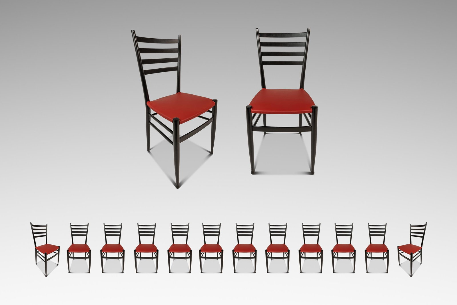 Set of 12 Italian Walnut Dining Chairs in Vinyl After Gio Ponti c 1960s: Set of 12 Italian Walnut Dining Chairs in Vinyl After Gio Ponti c 1960s This set of twelve Mid-Century Italian Modern dining chairs is crafted in the style of Gio Ponti's iconic 'Leggera' design from 