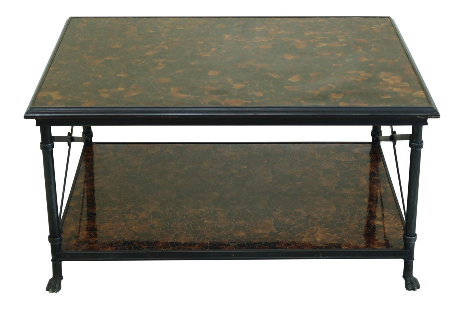 Maitland Smith Regency Coffee Table Iron Bronze Base Oyster Finish: Maitland Smith Regency Coffee Table Iron Bronze Base Oyster Finish This exquisite coffee table showcases a stunning Regency style, featuring a robust iron base complemented by elegant bronze feet and 