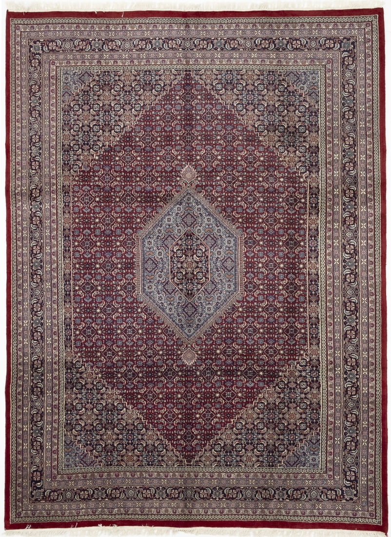 Hand-Knotted Wool Tribal Floral Rug 8'6 x 11'6 Rectangle Indo-Bidjar Design: Hand-Knotted Wool Tribal Floral Rug 8'6 x 11'6 Rectangle Indo-Bidjar Design This hand-knotted Indo-Bidjar area rug features a striking floral and tribal pattern in shades of red, purple-navy, light gr