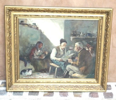 Framed Oil on Canvas Tavern Interior by Antal Anton Peczely (1 of 6)
