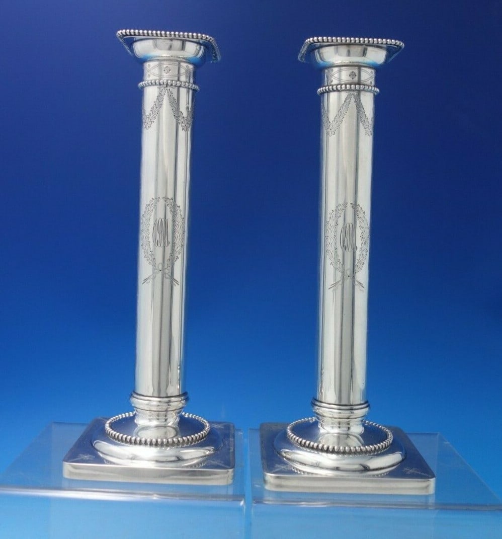 Sterling Silver Candlestick Pair Goodnow and Jenks Beaded Wreath Pattern: Sterling Silver Candlestick Pair Goodnow and Jenks Beaded Wreath Pattern A pair of sterling silver candlesticks by Goodnow & Jenks in the Beaded pattern, featuring bright-cut wreath decoration. The pi
