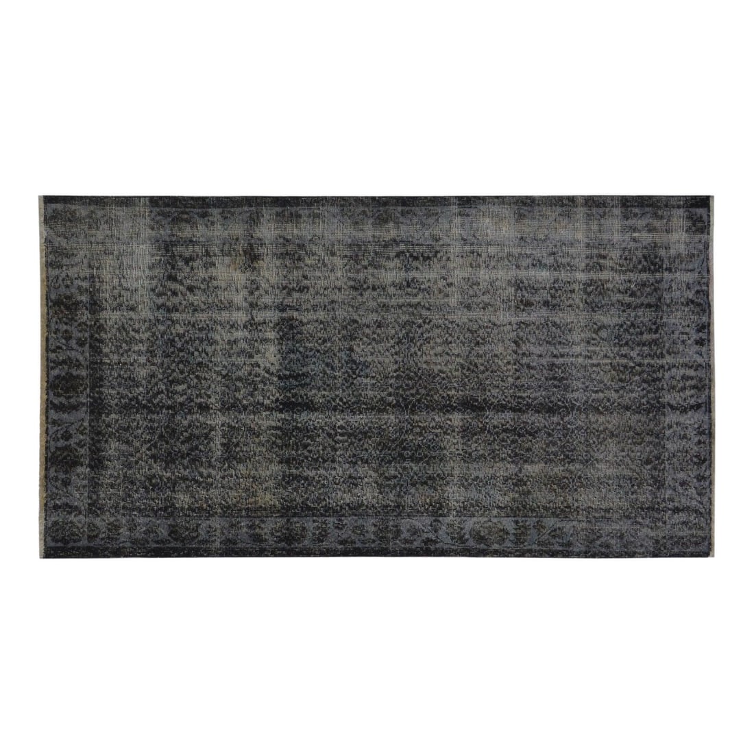 Hand-Knotted Wool Turkish Overdyed Rug in Black 3'8 x 6'9: Hand-Knotted Wool Turkish Overdyed Rug in Black 3'8 x 6'9 This vintage Turkish overdyed rug is hand-knotted from wool using traditional techniques. Combining timeless craftsmanship with modern design,