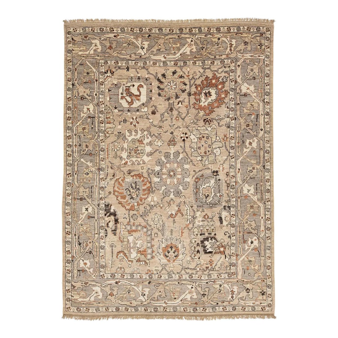 10'1" x 14' Hand Knotted Wool Area Rug Oushak Style Beige Terracotta: 10'1" x 14' Hand Knotted Wool Area Rug Oushak Style Beige Terracotta A Modern Oushak-style hand-knotted wool rug with a refined neutral palette and classic-inspired motif design. Beige, grey, cream, a