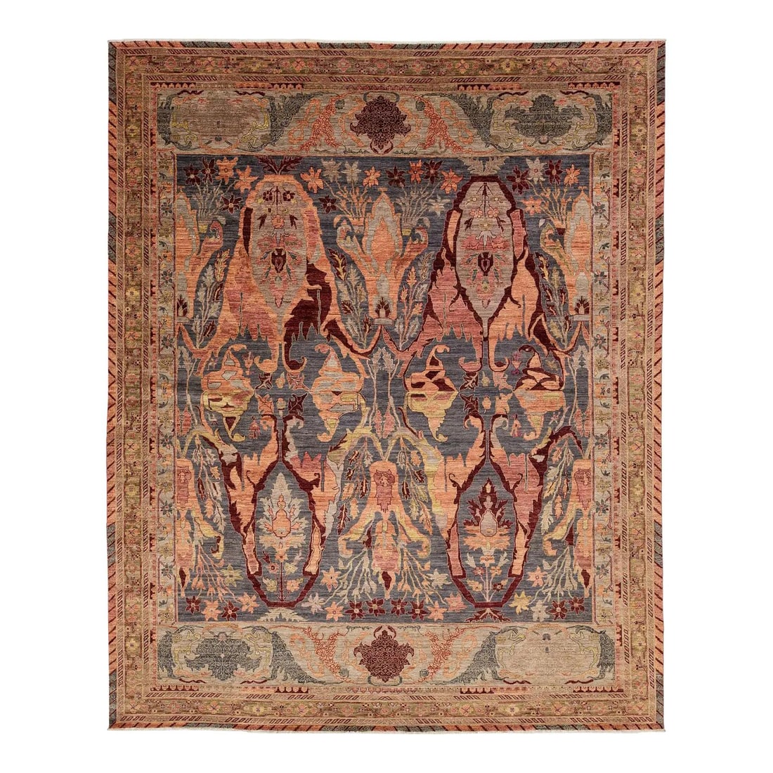 11'10 x 14'9 Hand-Knotted Wool Rug With Botanical Blue and Terracotta Design: 11'10 x 14'9 Hand-Knotted Wool Rug With Botanical Blue and Terracotta Design This hand-knotted wool rug is inspired by the traditional Bidjar "Iron Rugs" and showcases bold botanical motifs on a deep 