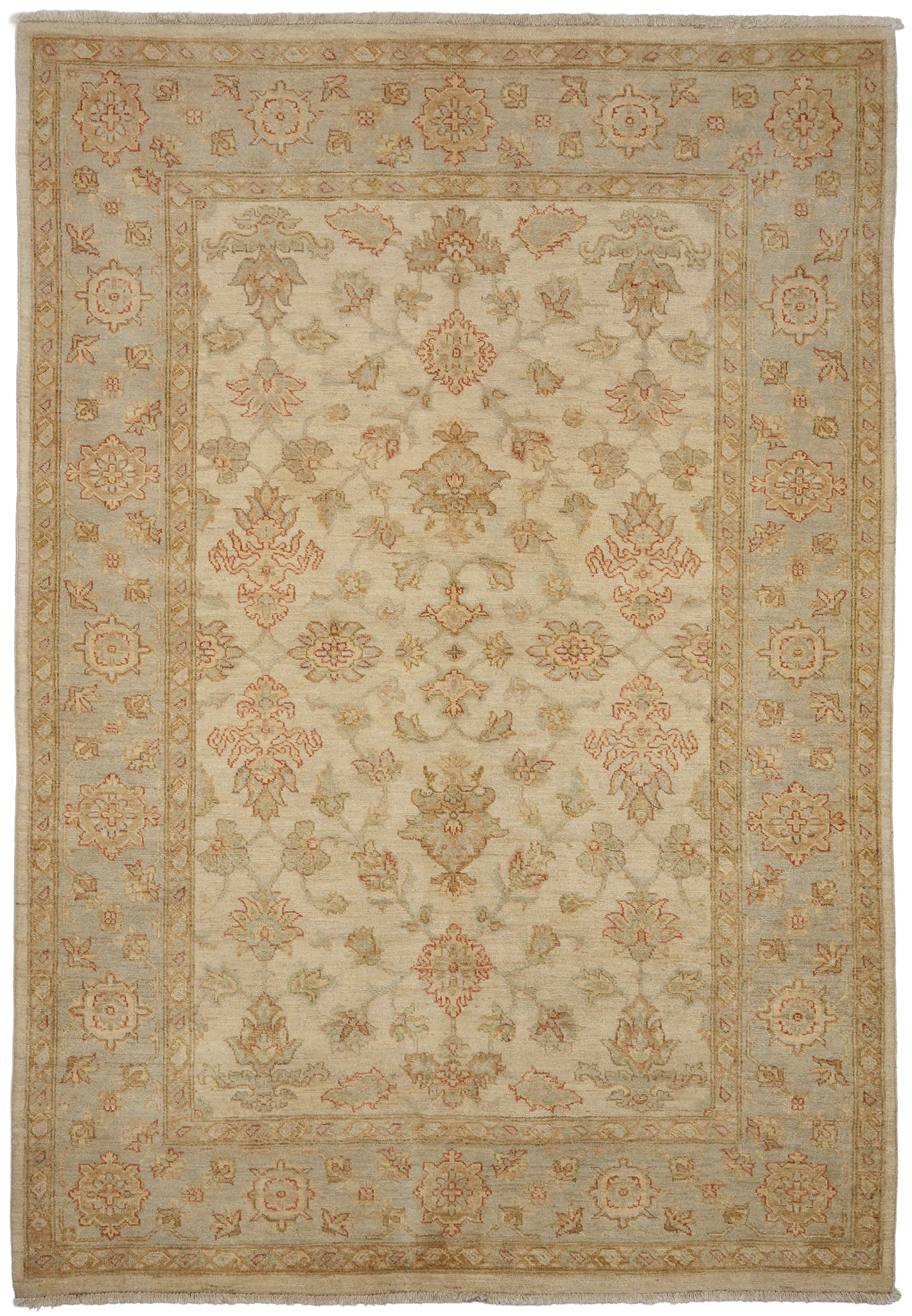 5.9 x 8.2 Neutral Peshawar Hand-Knotted Wool Ziglar Rug: 5.9 x 8.2 Neutral Peshawar Hand-Knotted Wool Ziglar Rug Free continental US Shipping Neutral Peshawar rug with a soft floral and geometric pattern in muted beige and gold tones. This un-used area rug 