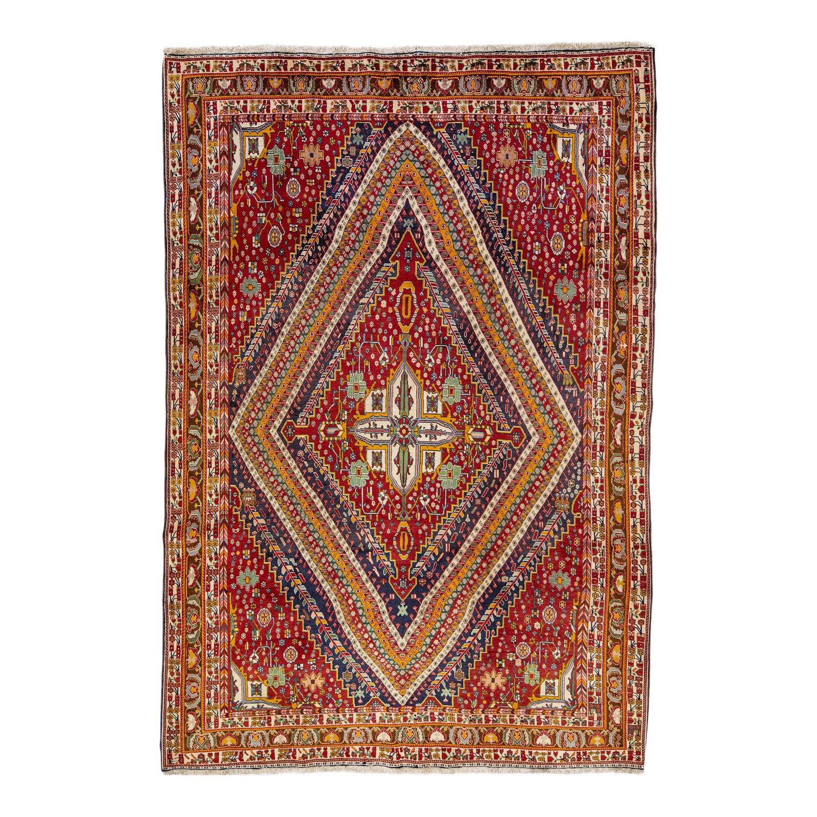 Vintage Handmade Shiraz Red Wool Rug 6'10" x 10'1" Geometric Design: Vintage Handmade Shiraz Red Wool Rug 6'10" x 10'1" Geometric Design Discover the beauty of this Vintage Handmade Shiraz Wool Rug, featuring a striking red field complemented by multicolor geometric ac