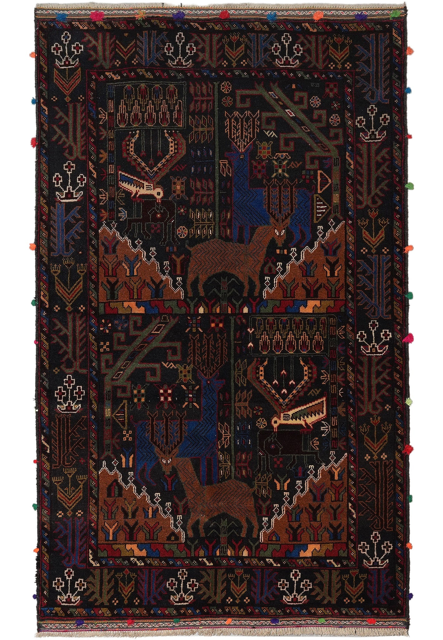 Handwoven Afghan Baluch Tribal Rug 4 x 6.7 Wool Animal Motif: Handwoven Afghan Baluch Tribal Rug 4 x 6.7 Wool Animal Motif Free continental US Shipping Handwoven Afghan Tribal Baluch rug with animal motif design and traditional geometric patterns. Crafted from 1
