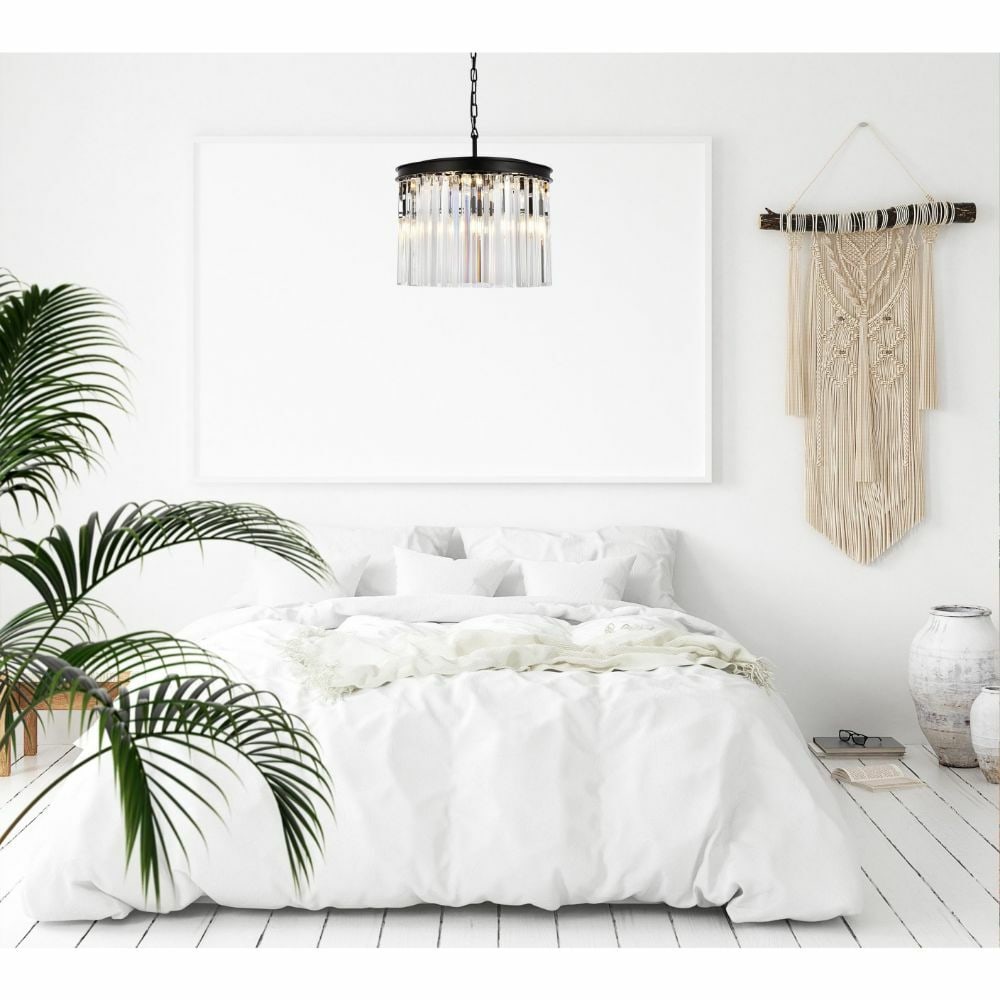 Sydney 6 Light Crystal Chandelier Matte Black 20 Inch: Sydney 6 Light Crystal Chandelier Matte Black 20 Inch Modern 6-light chandelier with a matte black finish, clear Royal Cut crystals, and a black cord. It is height-adjustable, hardwired, and designed 