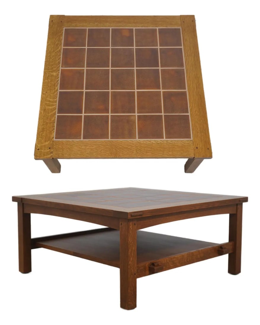 Arts and Crafts Oak Coffee Table with Tile Top by Stickley (1 of 10)