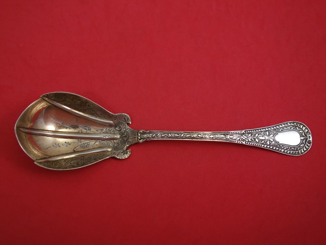 Shiebler Gipsy Sterling Silver Berry Spoon Brite-Cut Floral 8 3/4": Shiebler Gipsy Sterling Silver Berry Spoon Brite-Cut Floral 8 3/4" This exquisite berry spoon is crafted from sterling silver and features the elegant Gipsy pattern by Shiebler. The spoon showcases a 