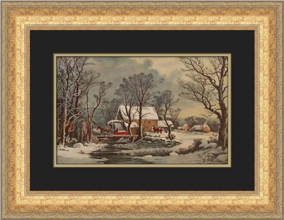 Currier & Ives Winter in the Country Old Grist Mill Framed Print 18 x 22 (1 of 2)