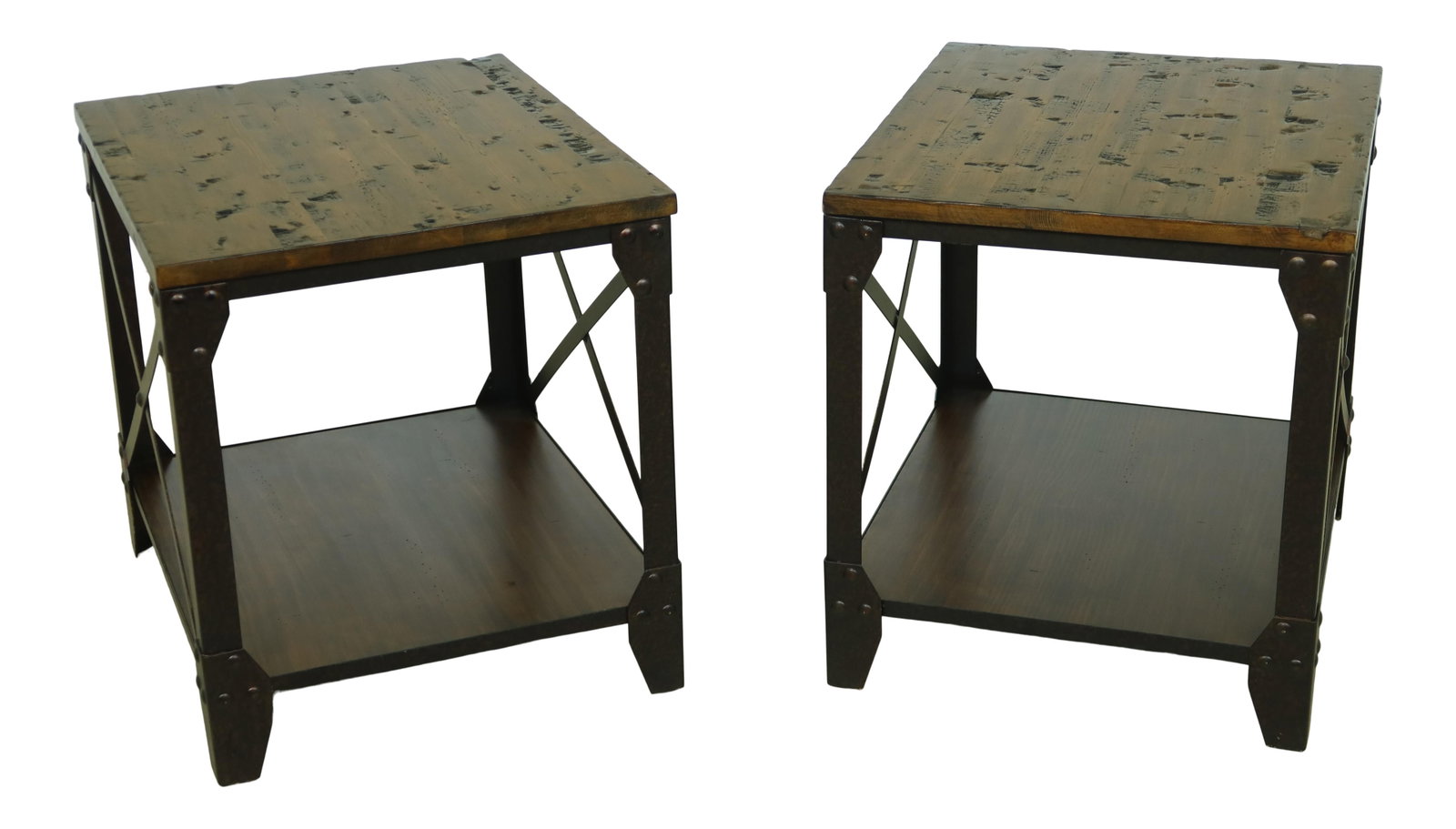 Stylish Pair of Distressed Wood Metal Industrial End Tables: Stylish Pair of Distressed Wood Metal Industrial End Tables Enhance your living space with this pair of distressed wood and metal industrial end tables, featuring a modern design that complements vari