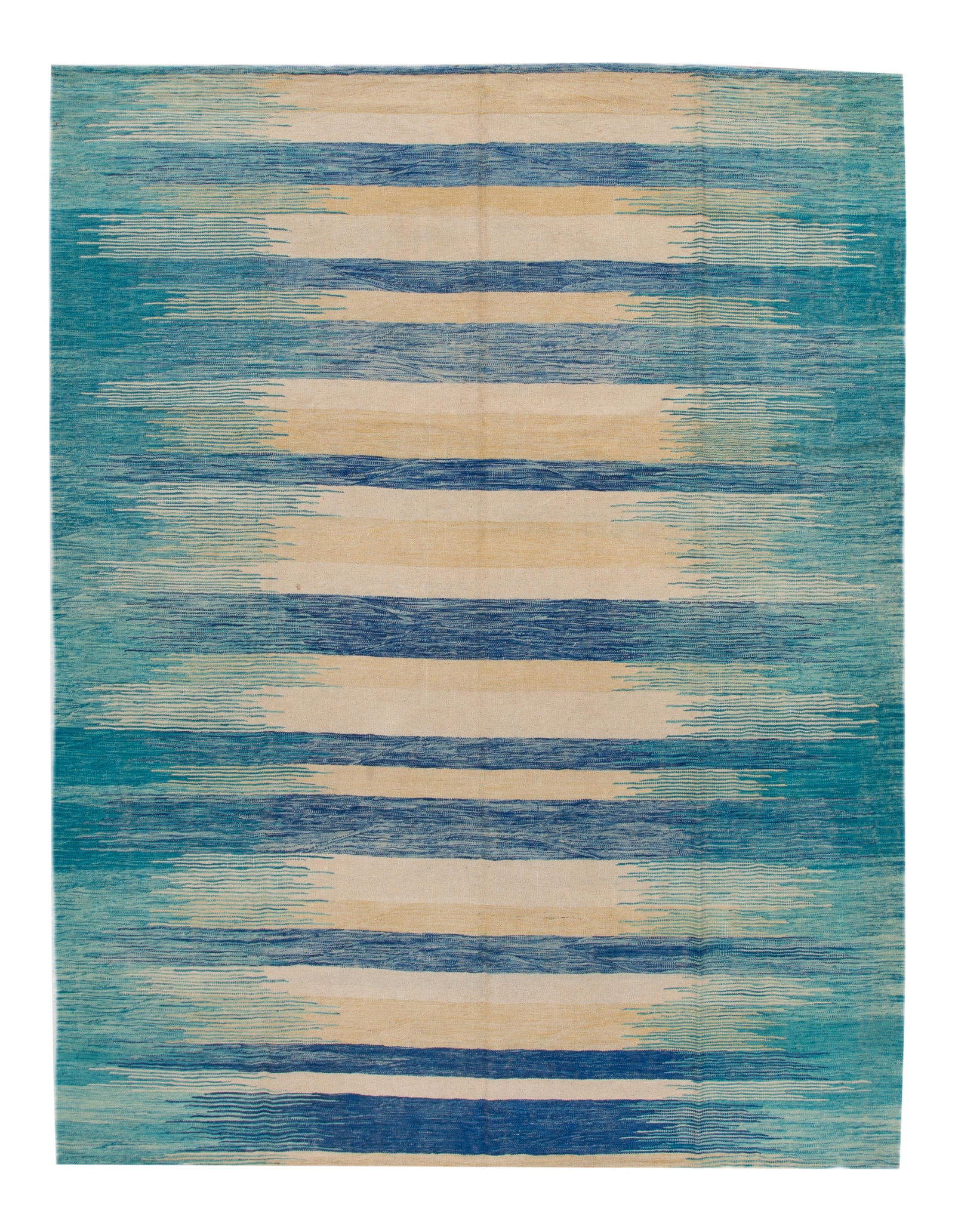 Teal Handmade Wool Kilim Rug 8'10 x 11'6 Modern Expressionist: Teal Handmade Wool Kilim Rug 8'10 x 11'6 Modern Expressionist Enhance your living space with this stunning Modern flat-weave Kilim Handmade wool rug. Featuring a beige field, this rug is adorned with 