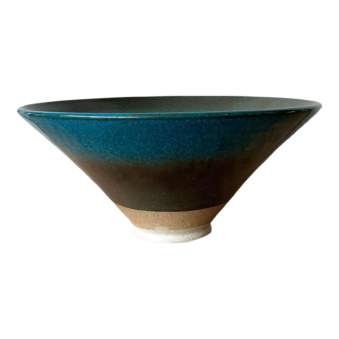 Mid-Century Studio Pottery Bowl With Iridescent Verdigris Glaze: Mid-Century Studio Pottery Bowl With Iridescent Verdigris Glaze This vintage studio pottery bowl features a broad conical shape and a dramatic high-fire glaze that transitions between deep bronze, dar