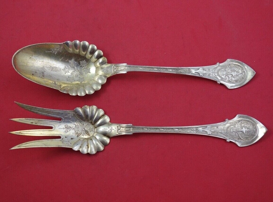 Wood and Hughes Angelo Sterling Silver 2 Piece Salad Serving Set 9" (1 of 2)
