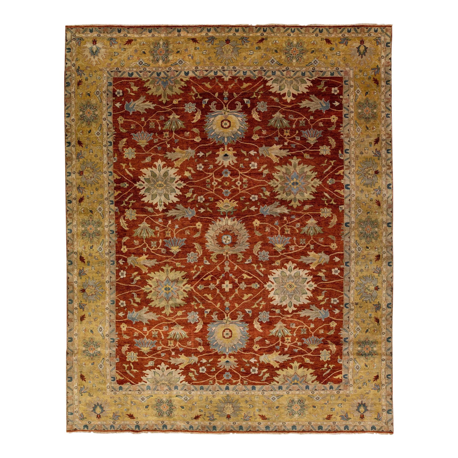 Handmade Modern Mahal Terracotta Wool Rug 12'1" x 15'5" Floral Design: Handmade Modern Mahal Terracotta Wool Rug 12'1" x 15'5" Floral Design Elevate your space with this stunning hand-knotted Modern Mahal wool rug. Featuring a beautiful terracotta field, this Persian rug