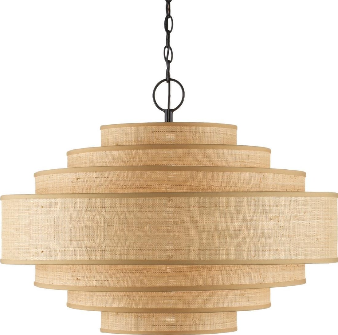 Currey Maura Pendant Chandelier with Grasscloth Shade Contemporary Design: Currey Maura Pendant Chandelier with Grasscloth Shade Contemporary Design Illuminate your space with the Elegant Maura Pendant, a contemporary chandelier that features a striking grasscloth shade and 