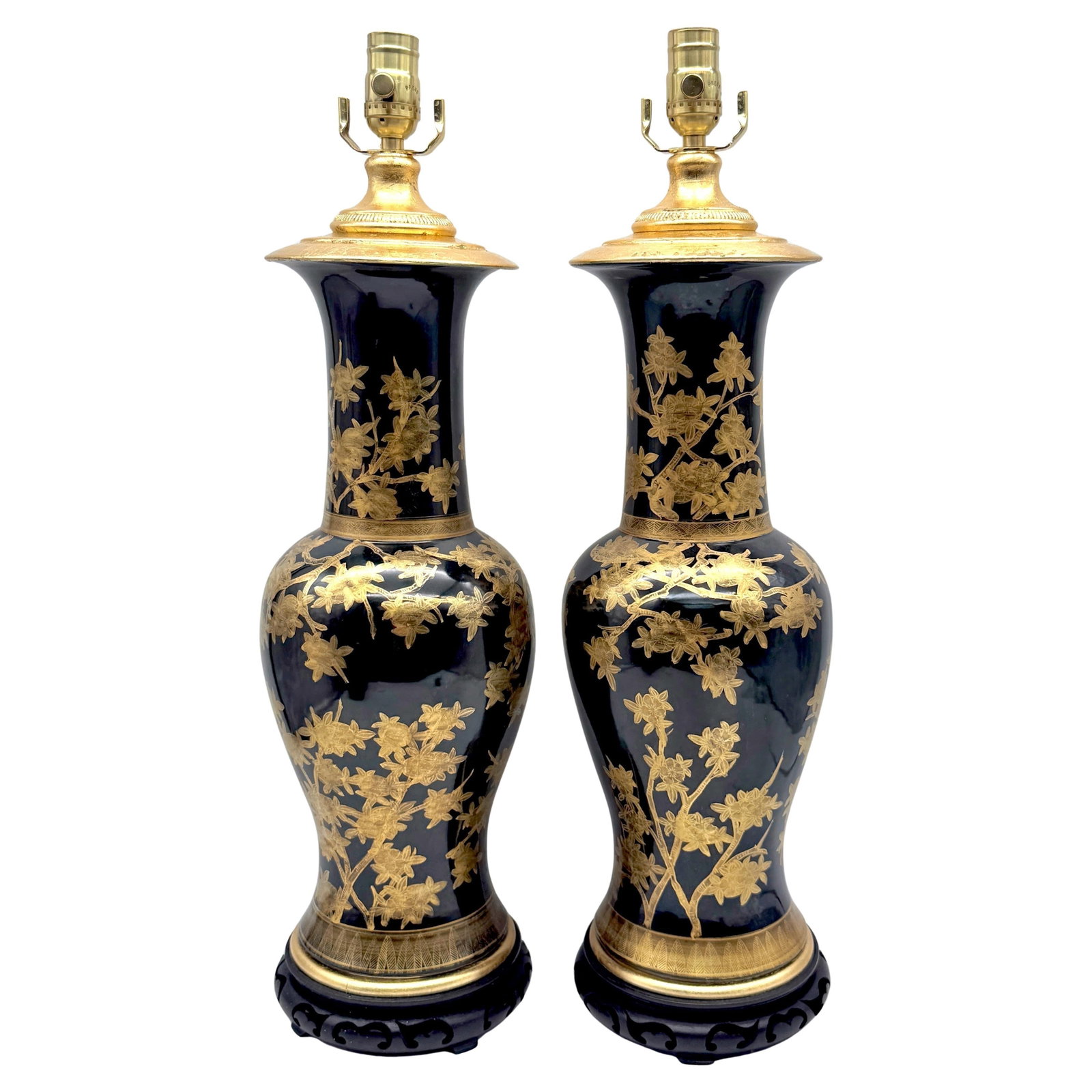 Set of 2 Chinese Black Baluster Vase Lamps with Gilt Prunus Decoration: Set of 2 Chinese Black Baluster Vase Lamps with Gilt Prunus Decoration This exquisite pair of Chinese Mirror Black Baluster Vase Lamps features elegant gilt prunus decoration and dates to circa 1900. 
