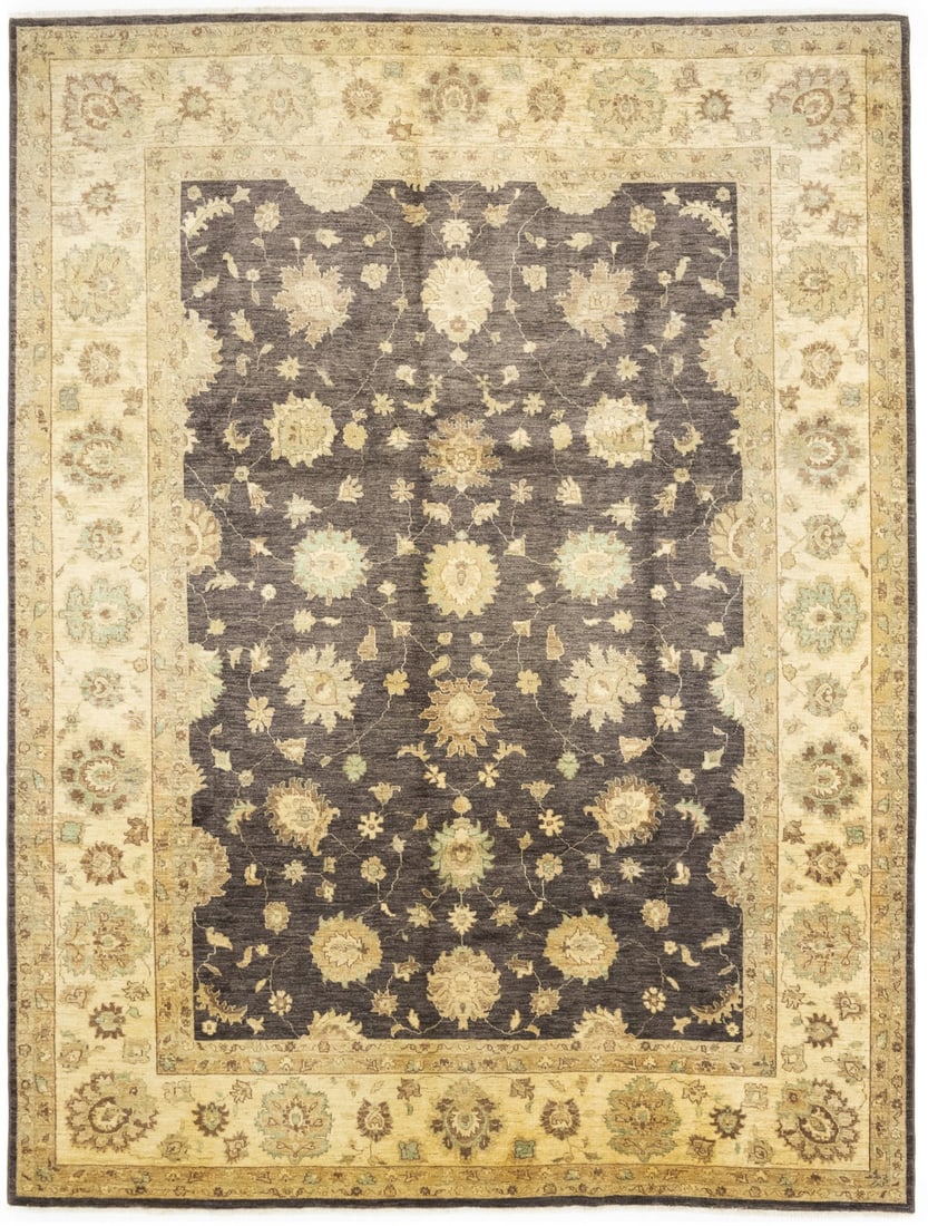 Hand-Knotted Wool Floral Area Rug 8'10 x 11'4 Modern Peshawar Design: Hand-Knotted Wool Floral Area Rug 8'10 x 11'4 Modern Peshawar Design This hand-knotted Peshawar Oriental rug features a muted floral pattern in shades of dark brown, cream, beige, orange, and green. C