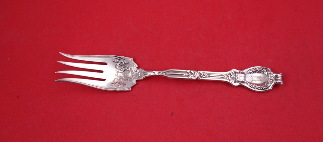 Durgin Du Barry Sterling Silver Serving Fork 7 1/2 Cold Meat: Durgin Du Barry Sterling Silver Serving Fork 7 1/2 Cold Meat Sterling silver cold meat serving fork in the Du Barry pattern by Durgin. It features splayed tines, measures 7 1/2 inches, and is monogram