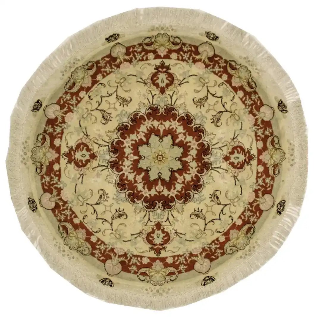 Round Wool Hand-Knotted Oriental Area Rug 3'9 Floral Modern Design: Round Wool Hand-Knotted Oriental Area Rug 3'9 Floral Modern Design This hand-knotted round Oriental rug features an extra fine weave with a classic floral pattern in cream, bittersweet red, pink, ivor