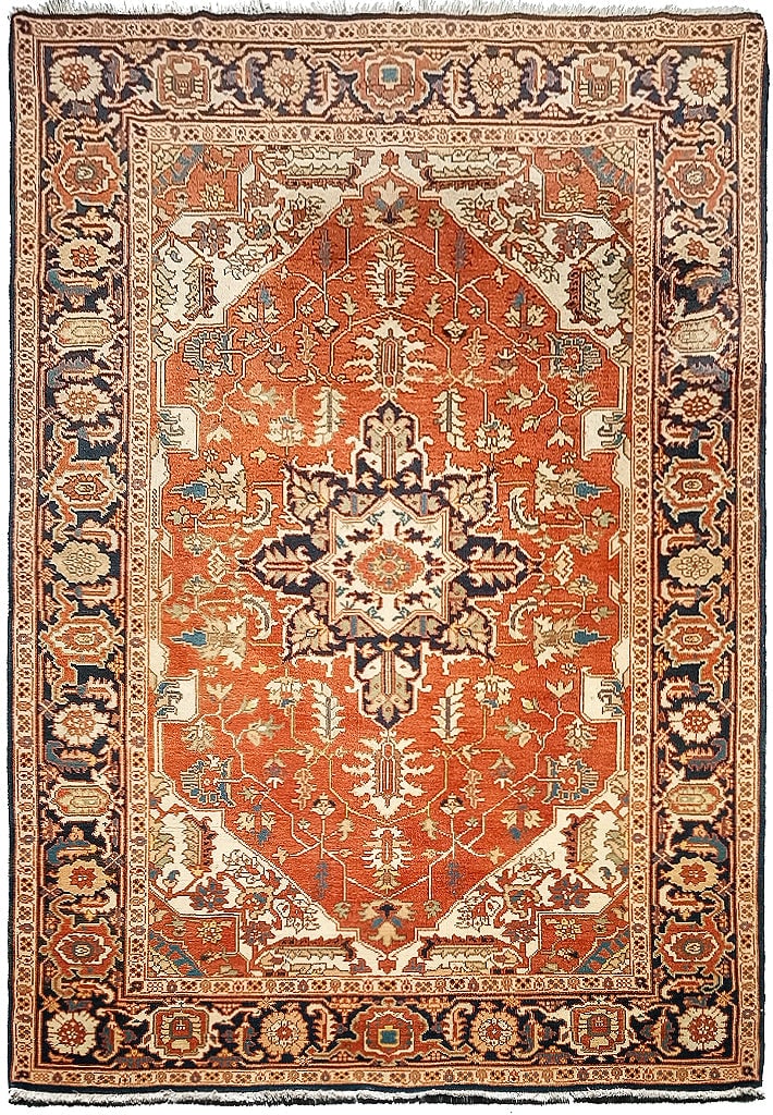 5.3 x 8.2 New Serapi Hand-Knotted Wool Area Rug India: 5.3 x 8.2 New Serapi Hand-Knotted Wool Area Rug India Free continental US Shipping Introducing the 5'3" x 8'2" New Serapi Wool Handmade Rug, a stunning piece that showcases traditional craftsmanship c