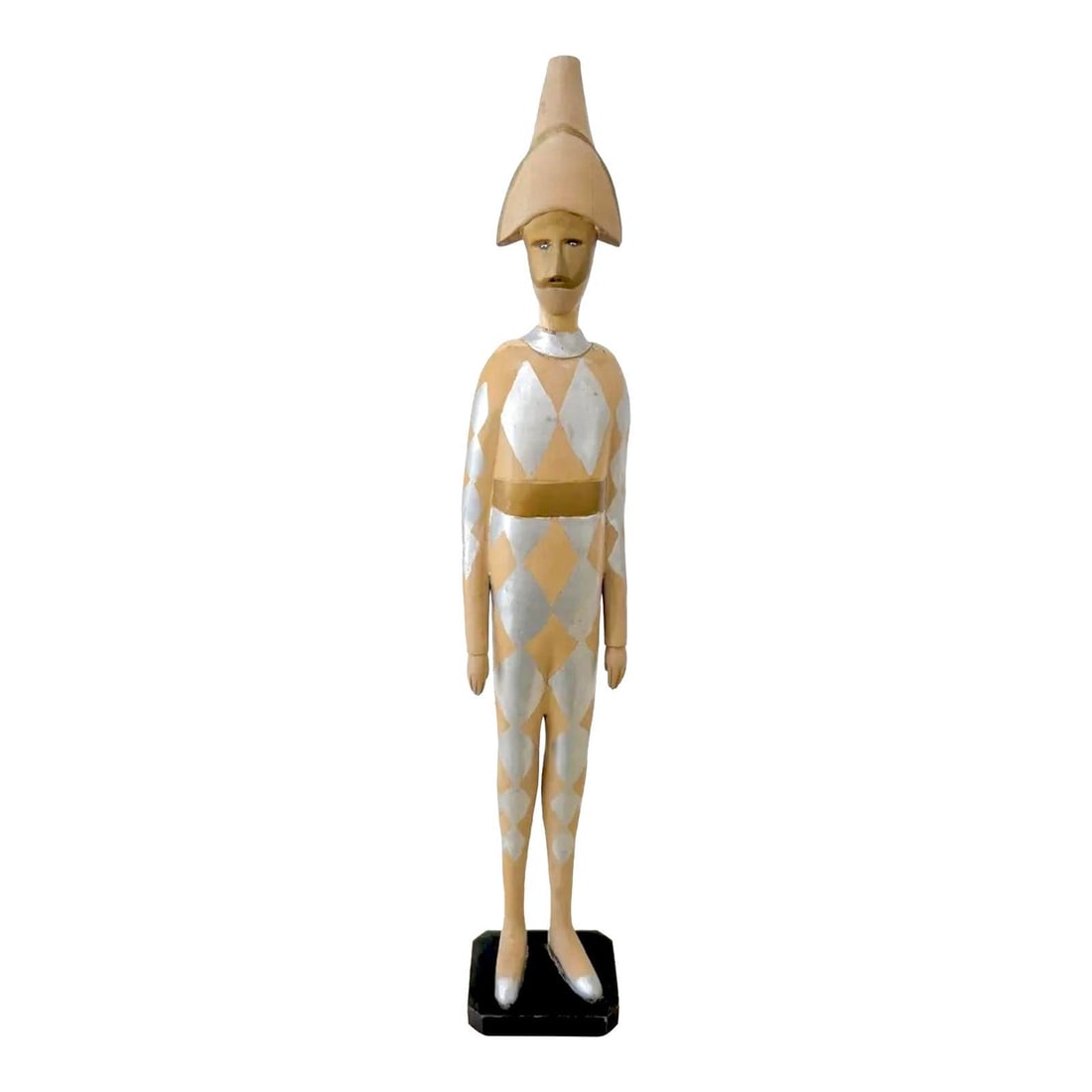 Vintage Wooden Harlequin Jester Sculpture with Silver Finish: Vintage Wooden Harlequin Jester Sculpture with Silver Finish This striking vintage wooden sculpture depicts a stoic harlequin dressed in a diamond-patterned silver and ochre bodysuit, complete with a 