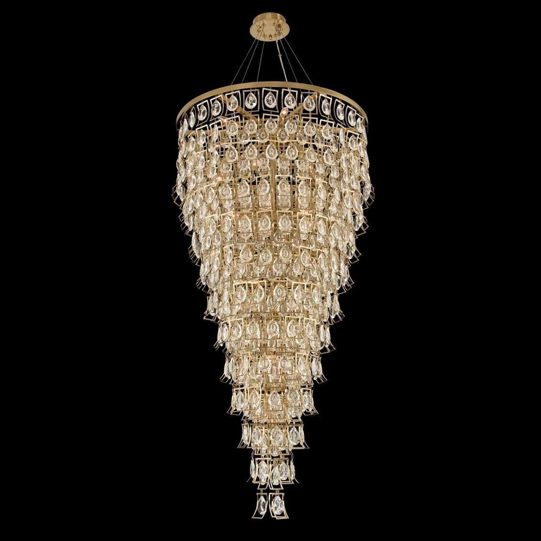 Kalco Carmella 70in Brushed Brass Foyer Chandelier with Firenze Crystal: Kalco Carmella 70in Brushed Brass Foyer Chandelier with Firenze Crystal Illuminate your space with the Elegant Brushed Brass Carmella Light, a stunning fixture that combines antique charm with modern 