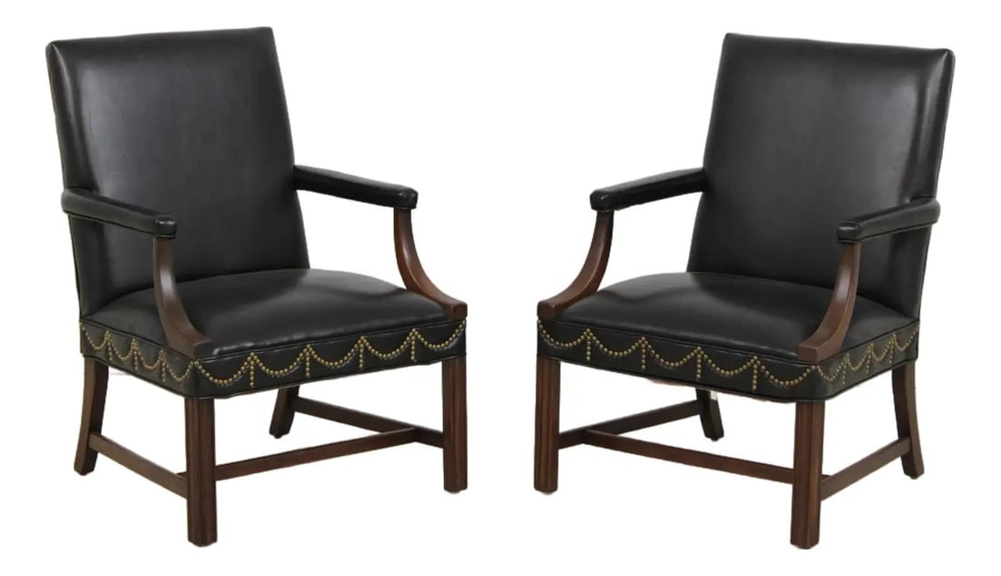 Pair Hickory Chair Co mahogany leather armchairs (1 of 10)