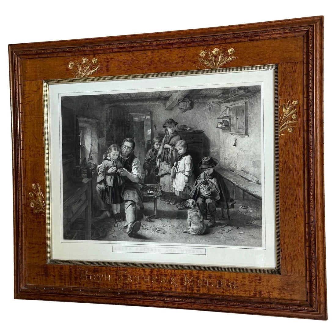 Victorian Engraving by Simmons After Faed in Aesthetic Movement Oak Frame 1875: Victorian Engraving by Simmons After Faed in Aesthetic Movement Oak Frame 1875 This exceptional Victorian engraving, titled "Baith Faither and Mither (Both Father and Mother)," was engraved in 1875 by