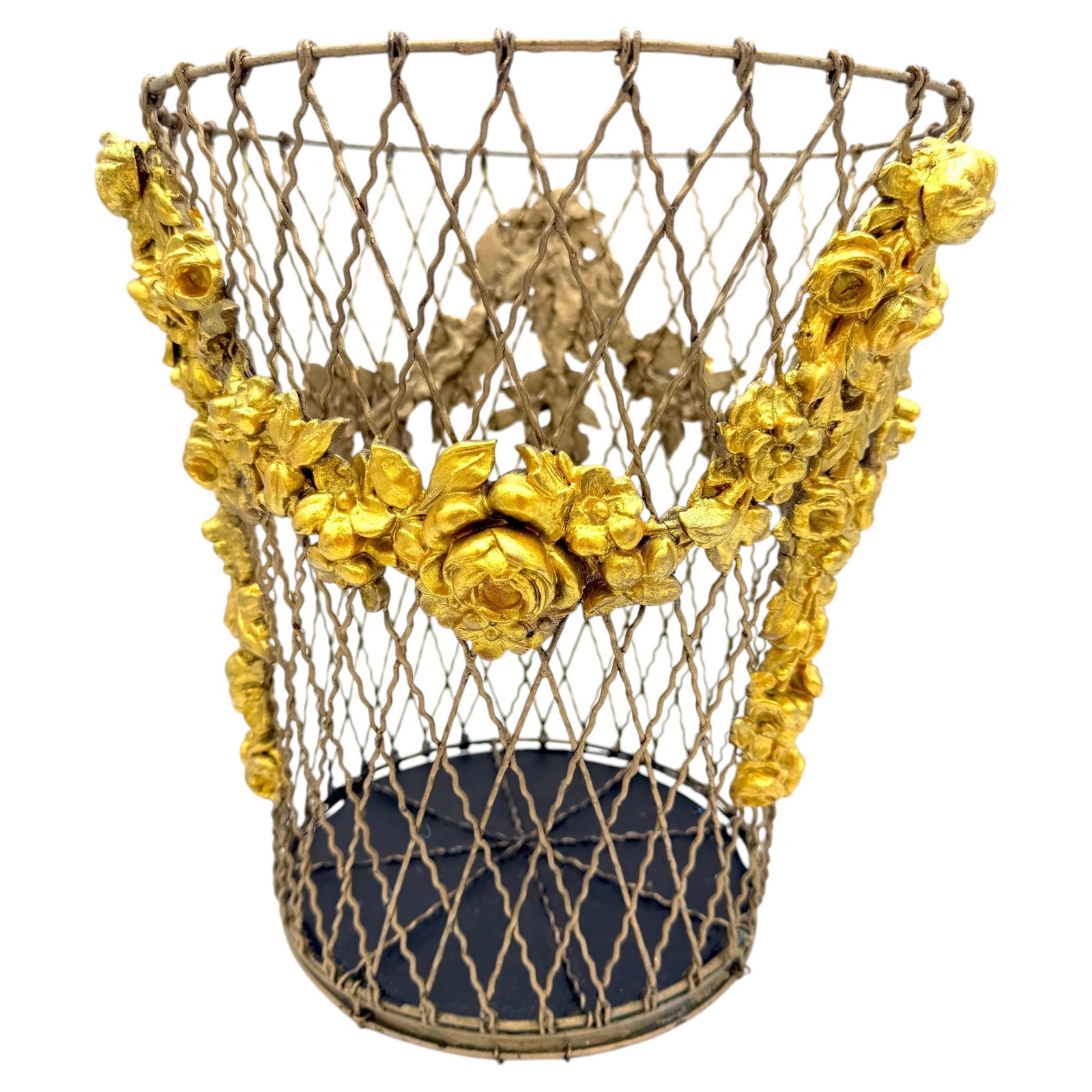 French Louis XVI Revival floral gilt wire wastebasket: French Louis XVI Revival floral gilt wire wastebasket An unusual French Belle Epoque Louis XVI Revival wastepaper basket dating to 1910, featuring a tapered cylindrical form with crimped metal wire wo