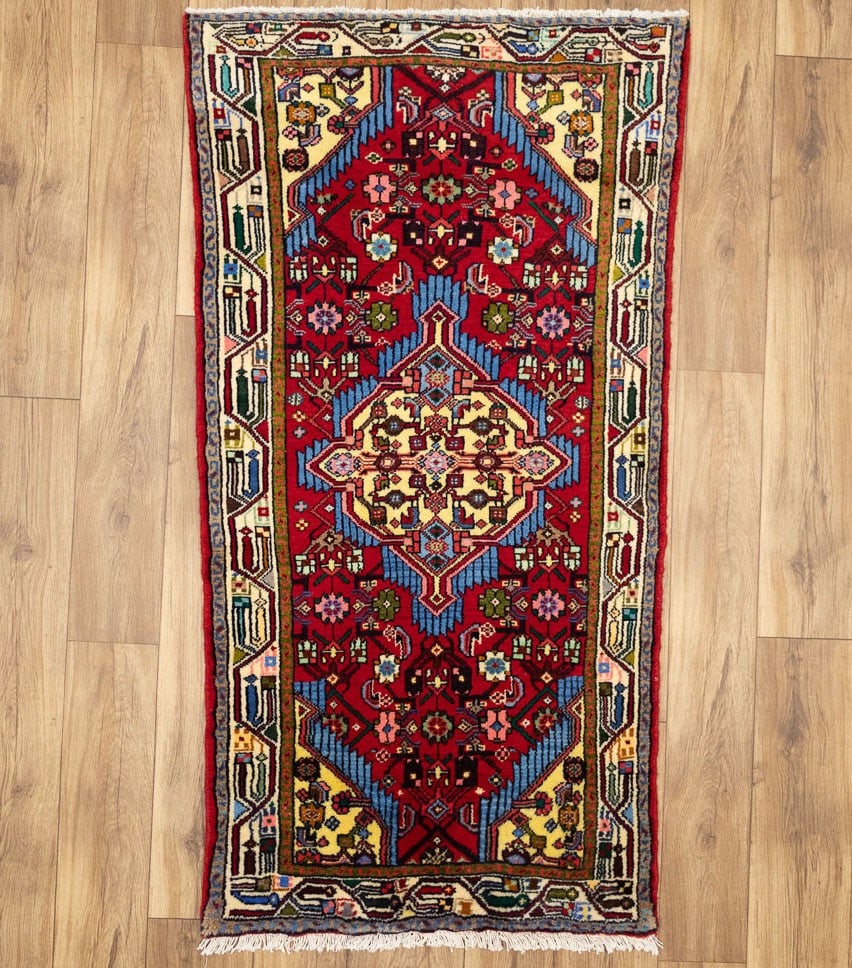 Hand-Knotted Wool Tribal Geometric Area Rug 3x5 Ft Vintage Western Asia: Hand-Knotted Wool Tribal Geometric Area Rug 3x5 Ft Vintage Western Asia This vintage tribal geometric oriental rug features a hand-knotted wool construction and a striking mix of red, cream, charcoal,