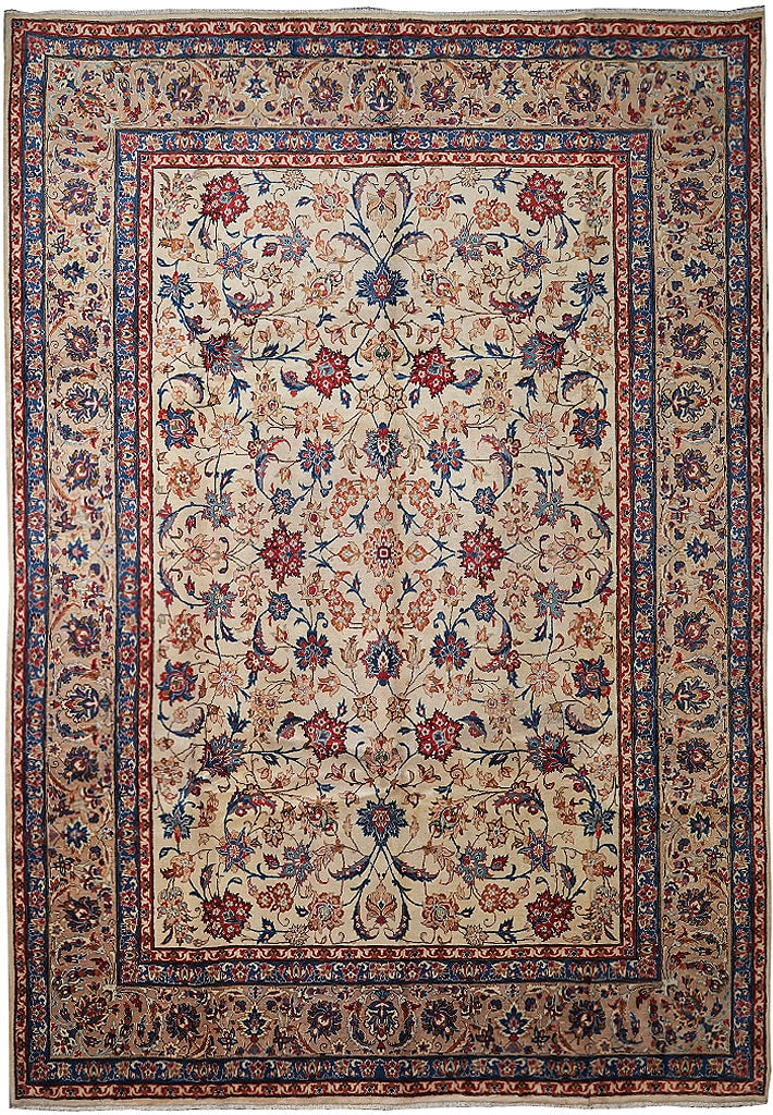 10 x 13 Persian Esfahan Hand-Knotted Wool Estate Rug: 10 x 13 Persian Esfahan Hand-Knotted Wool Estate Rug Free continental US Shipping Hand-knotted Persian Esfahan estate area rug with a wool pile and an ivory field accented by red, navy blue, peach, li