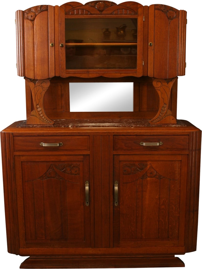 French Antique Art Deco Oak Buffet 1920 Chestnut Marble Top (1 of 7)