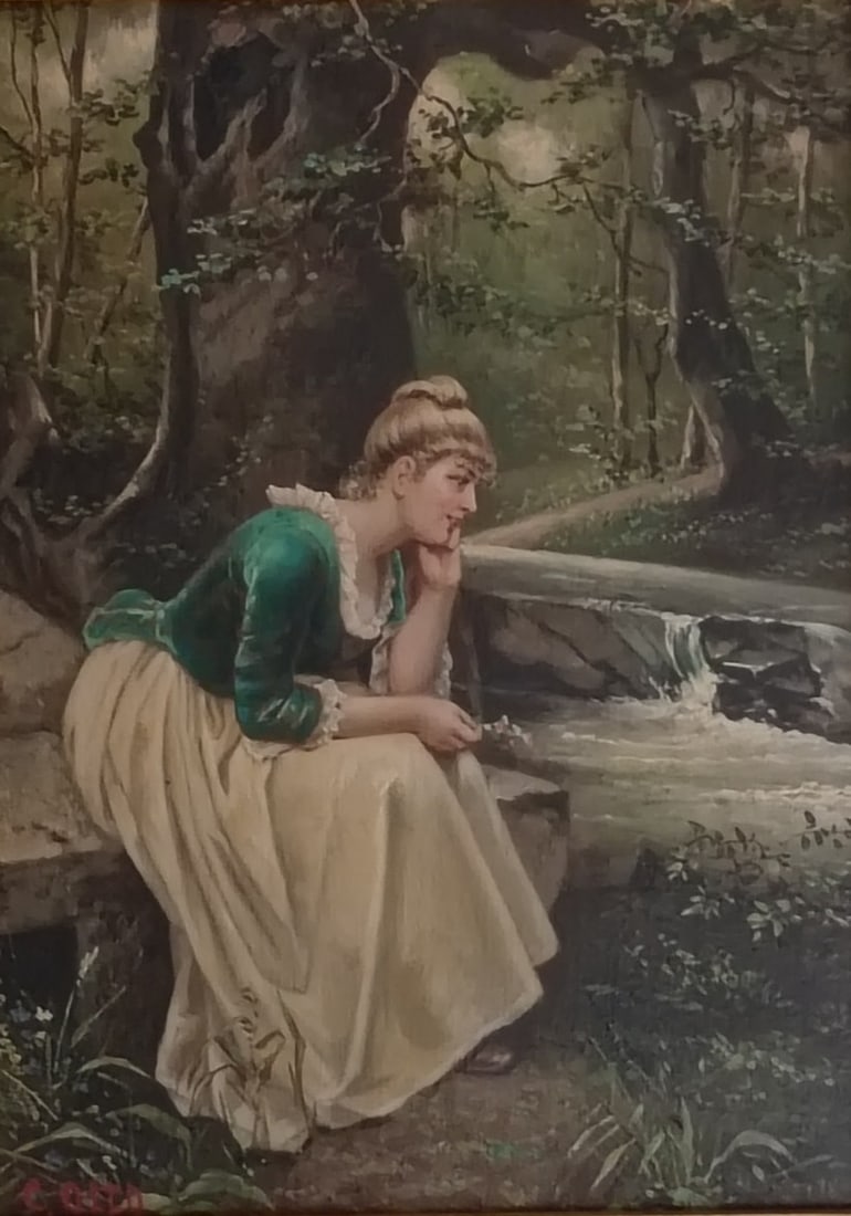 Carl Otto original oil painting of maiden in woodland 20 by 22 inches: Carl Otto original oil painting of maiden in woodland 20 by 22 inches Original oil painting by Carl Otto depicting a fair young maiden in a forest setting. This medium-size genre painting is presented