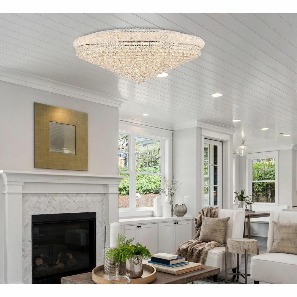 33-Light Royal Cut Crystal Flush Mount Chandelier 48 Inch Chrome: 33-Light Royal Cut Crystal Flush Mount Chandelier 48 Inch Chrome This contemporary flush mount chandelier features a polished chrome finish and is adorned with Royal Cut clear crystal accents. Designe