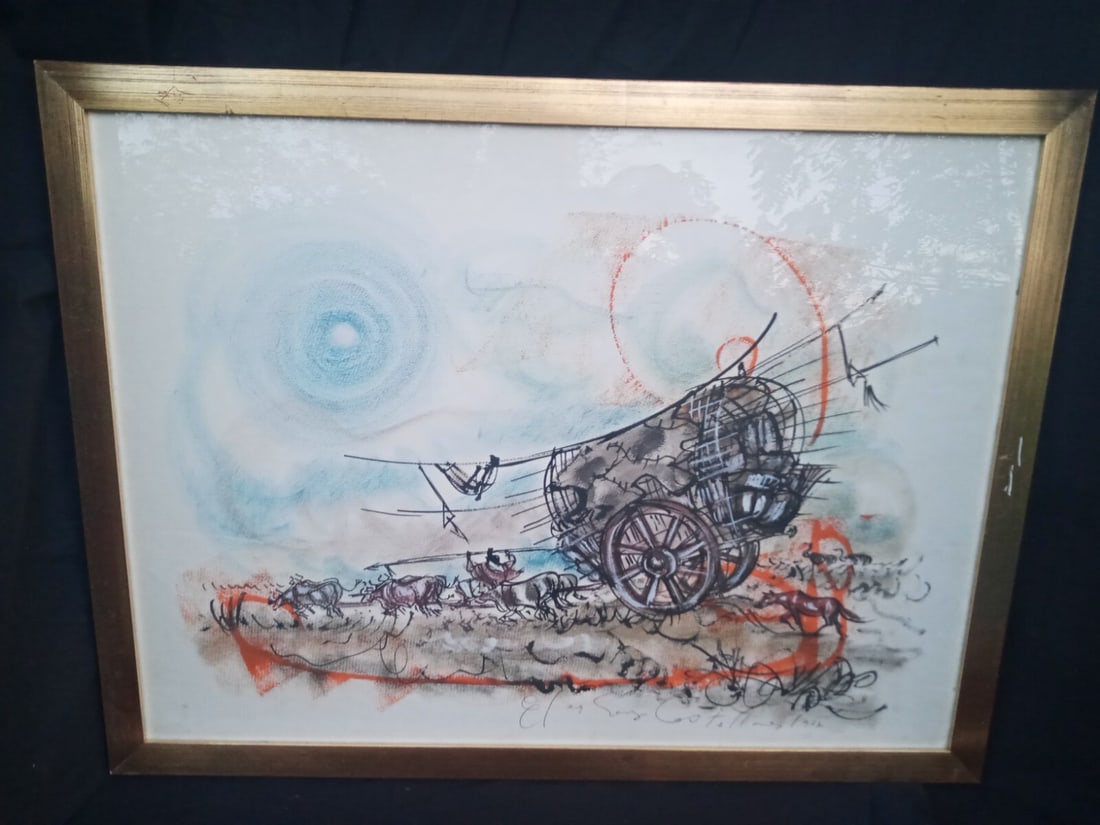Framed Gaucho With Oxen Watercolor by Elena Castellanos 21 x 27.5 Argentina: Framed Gaucho With Oxen Watercolor by Elena Castellanos 21 x 27.5 Argentina Vintage framed gaucho artwork by Elena Castellanos, depicting a cowboy in a rural scene with oxen. Created in Argentina duri