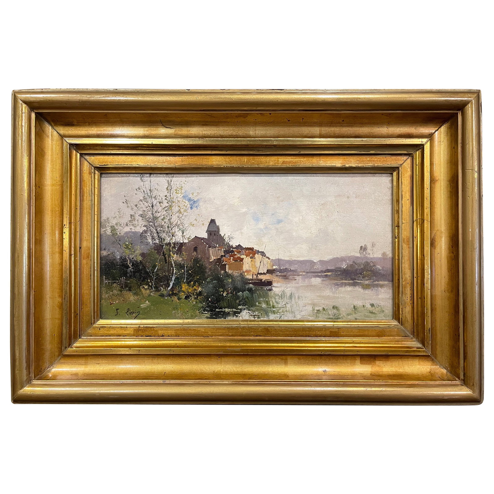 French 19th Century River Village Oil Painting Signed J Lievin in Giltwood Frame (1 of 11)