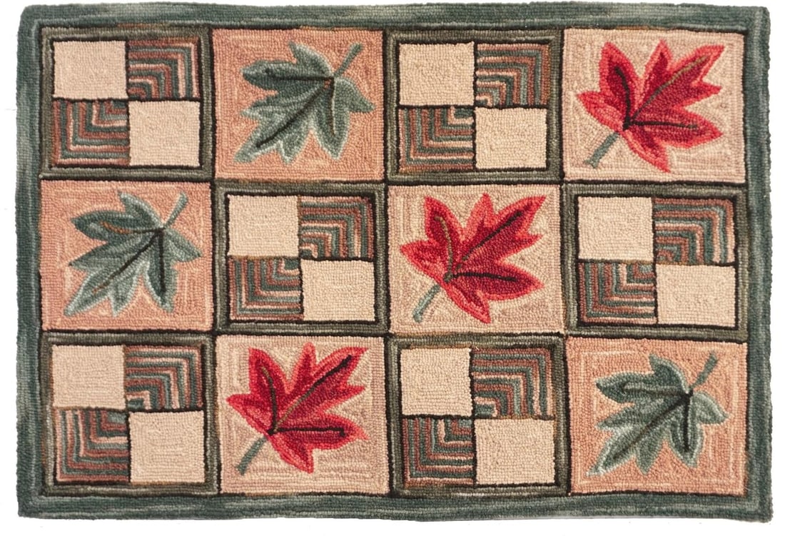 Vibrant Green Red Maple Leaf Folk Art Rug 3x5 Wool Vermont (1 of 1)