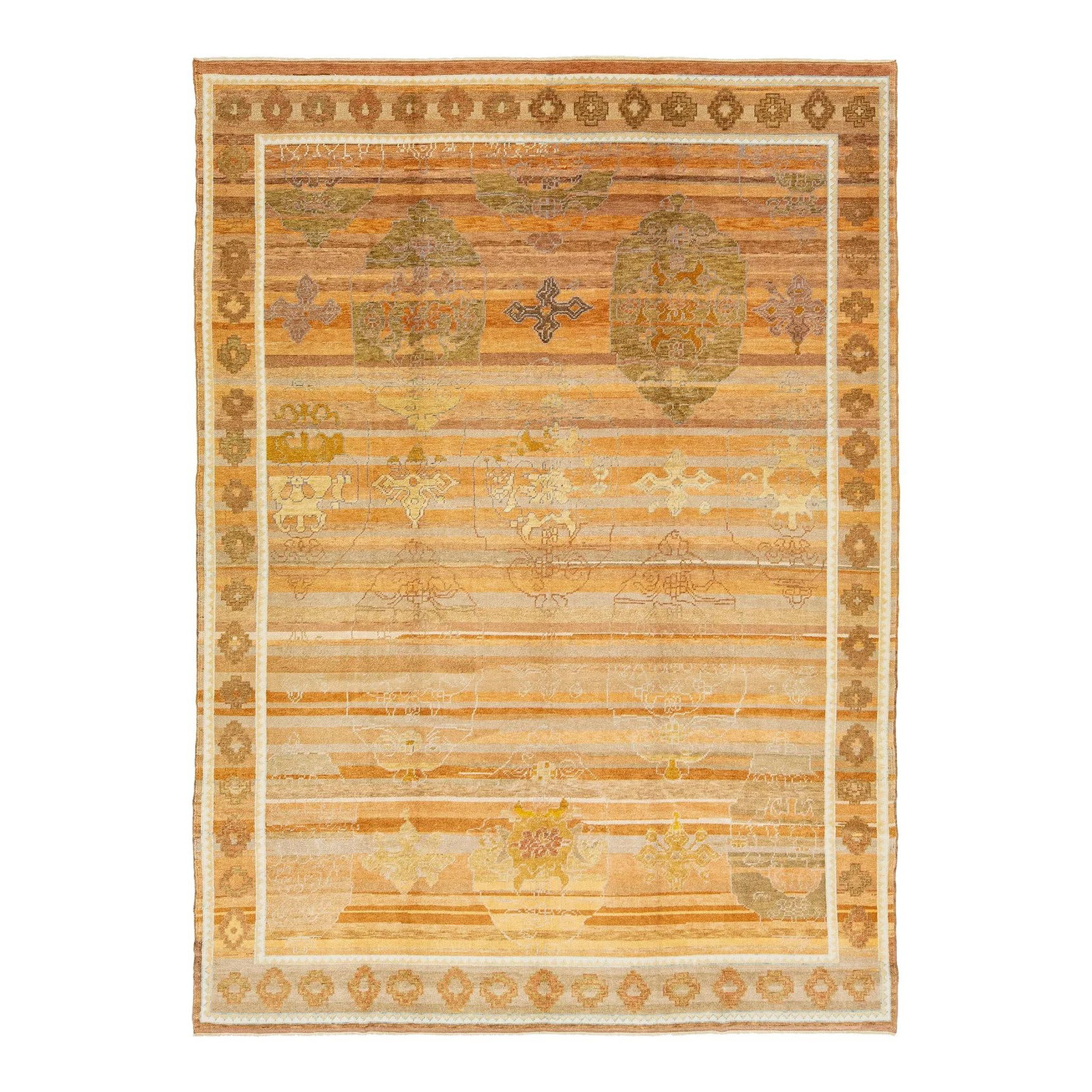 Contemporary Turkish Oushak Handmade Wool Rug 9'4 x 13 Orange: Contemporary Turkish Oushak Handmade Wool Rug 9'4 x 13 Orange This stunning Turkish Oushak rug showcases a contemporary design with a vibrant orange field accented by rich brown and gold hues. Hand-kn