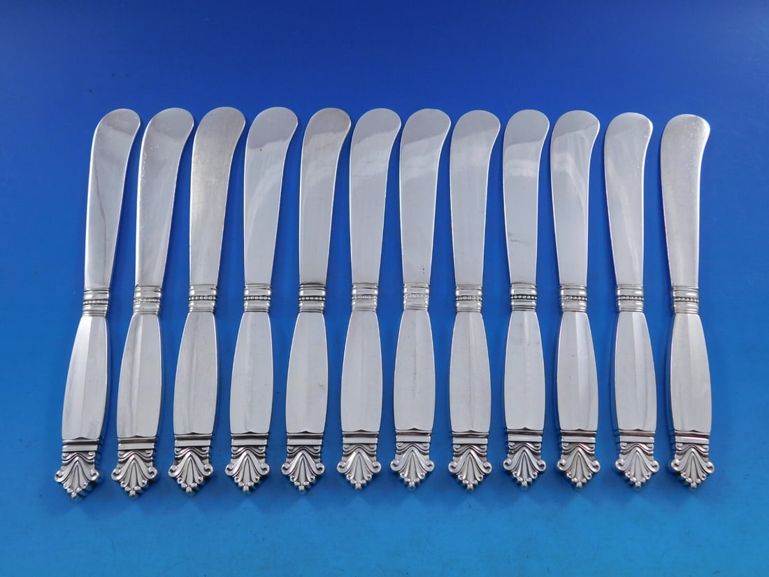 Georg Jensen Acanthus Sterling Silver Butter Spreader Set 12 pcs: Georg Jensen Acanthus Sterling Silver Butter Spreader Set 12 pcs This exquisite set of 12 butter spreaders features the elegant Acanthus pattern by Georg Jensen. Each spreader is crafted from