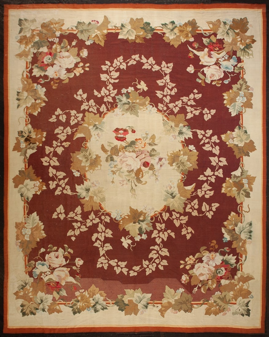 11'9" x 14'8" French Aubusson wool rug Napoleon III floral 1870: 11'9" x 14'8" French Aubusson wool rug Napoleon III floral 1870 Genuine antique French Aubusson Napoleon III rug with a handwoven floral design. The richly detailed composition features a central