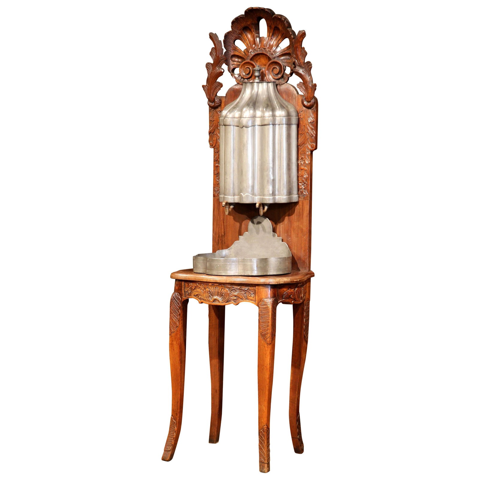 French Louis XV Lavabo with Pewter Fountain on Carved Walnut Stand: French Louis XV Lavabo with Pewter Fountain on Carved Walnut Stand An 18th century French Louis XV lavabo featuring a hand-carved walnut stand with its original pewter water fittings. This circa 1780