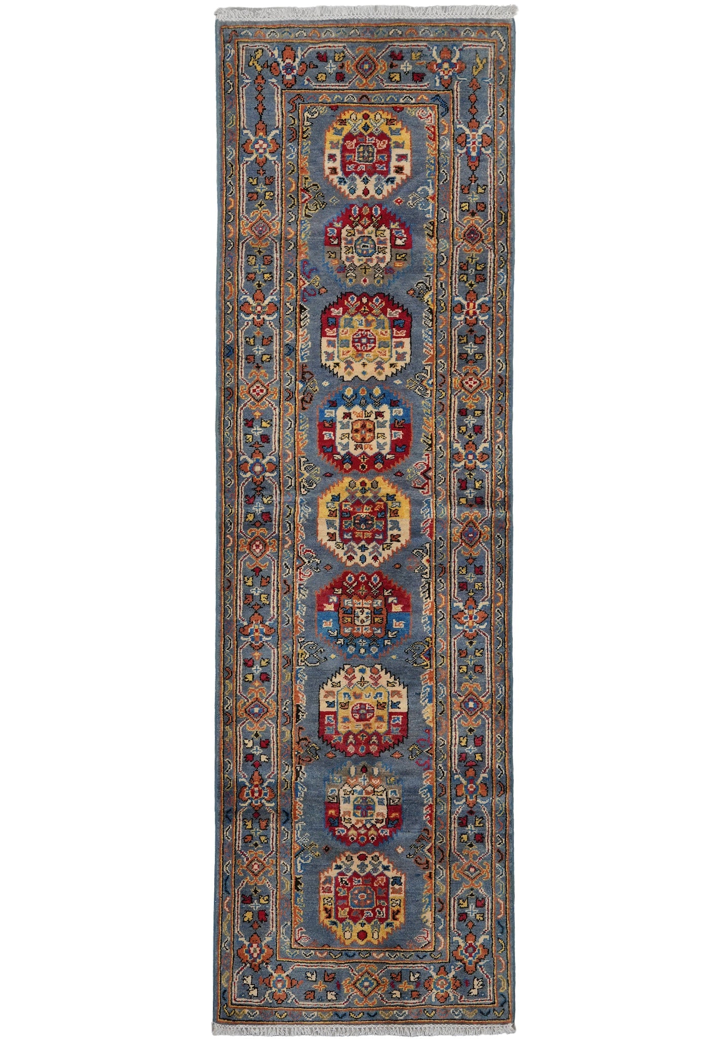 2.10 x 9.10 Feet Afghan Kazak Runner Blue: 2.10 x 9.10 Feet Afghan Kazak Runner Blue Free continental US Shipping Afghan Kazak runner in a blue colorway, designed for a long, narrow layout. This un-used rug offers the distinctive look of a Kaz