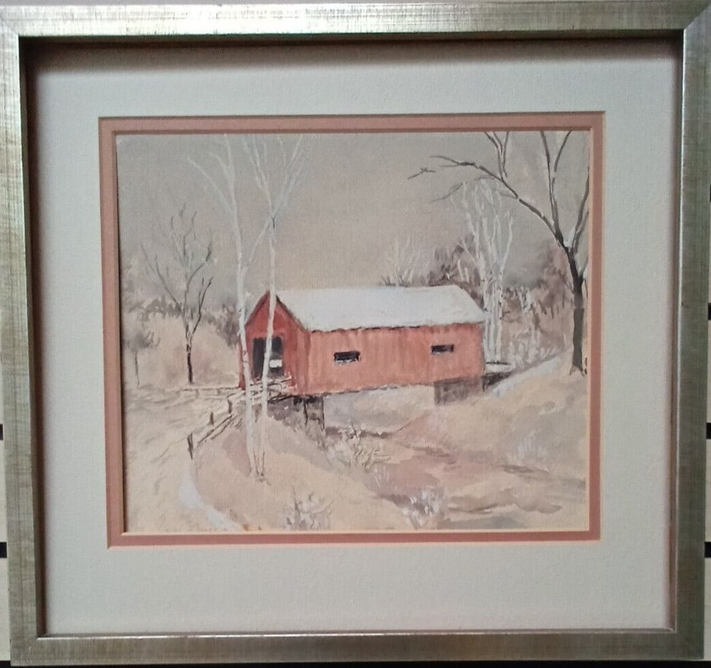 Belle Bogardus Robbins Indiana Covered Bridge Watercolor on Paper 12" (1 of 11)