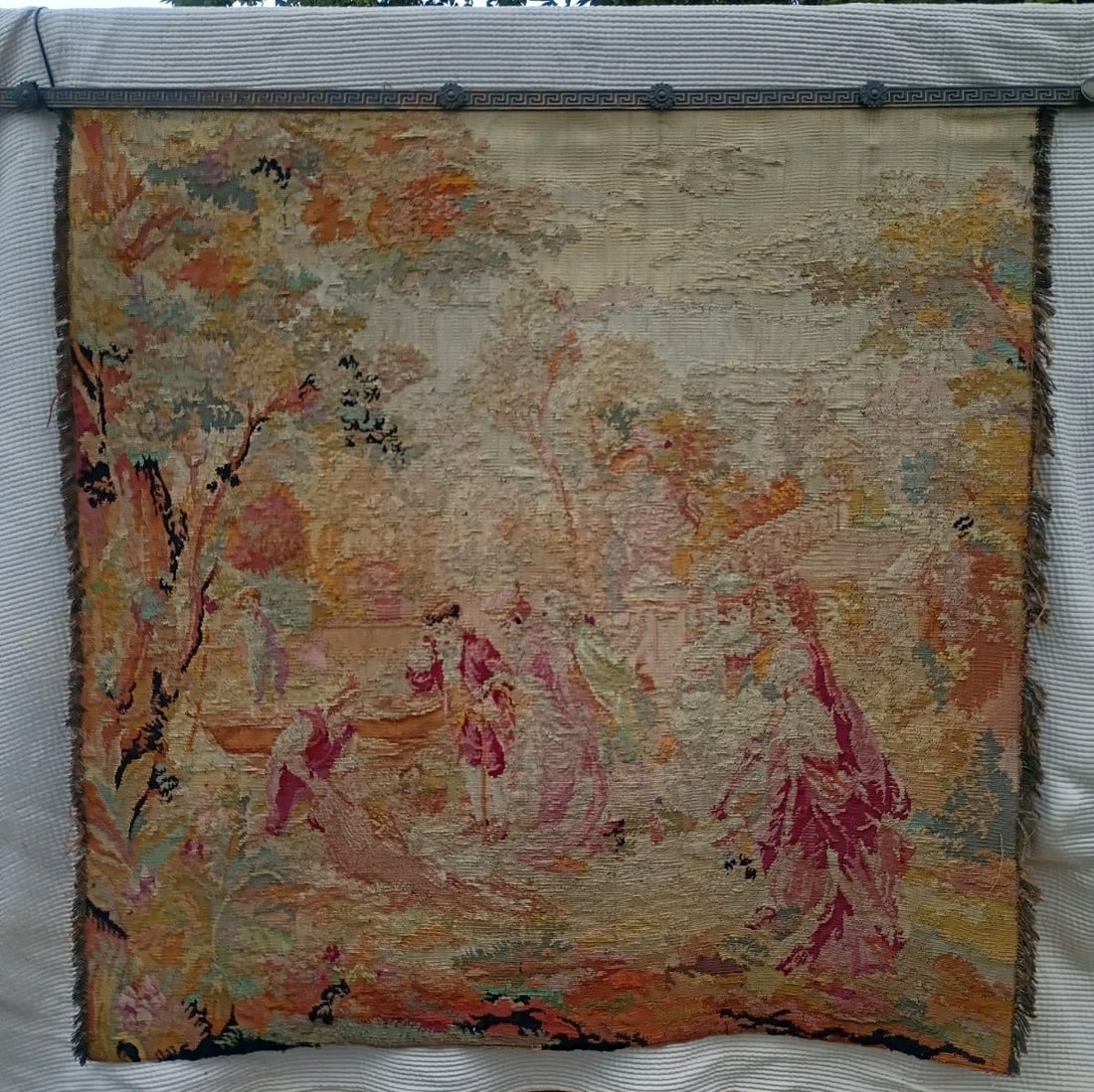 50x 50 French Aubusson handwoven wool tapestry with bronze mounting bar (1 of 18)