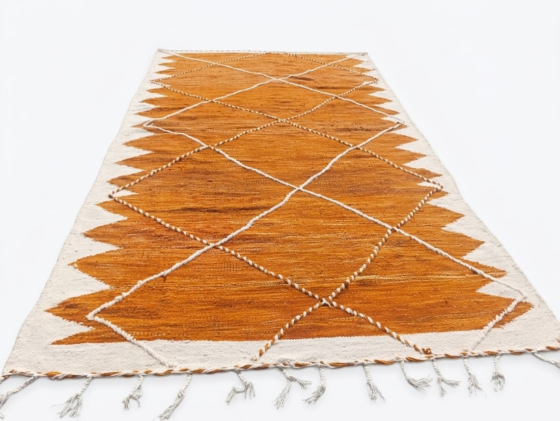 300 cm x 200 cm Moroccan Berber wool flatweave rug ochre ivory: 300 cm x 200 cm Moroccan Berber wool flatweave rug ochre ivory Handcrafted Moroccan Berber flatweave rug in a warm mustard ochre palette with ivory sawtooth borders and classic geometric diamond motif