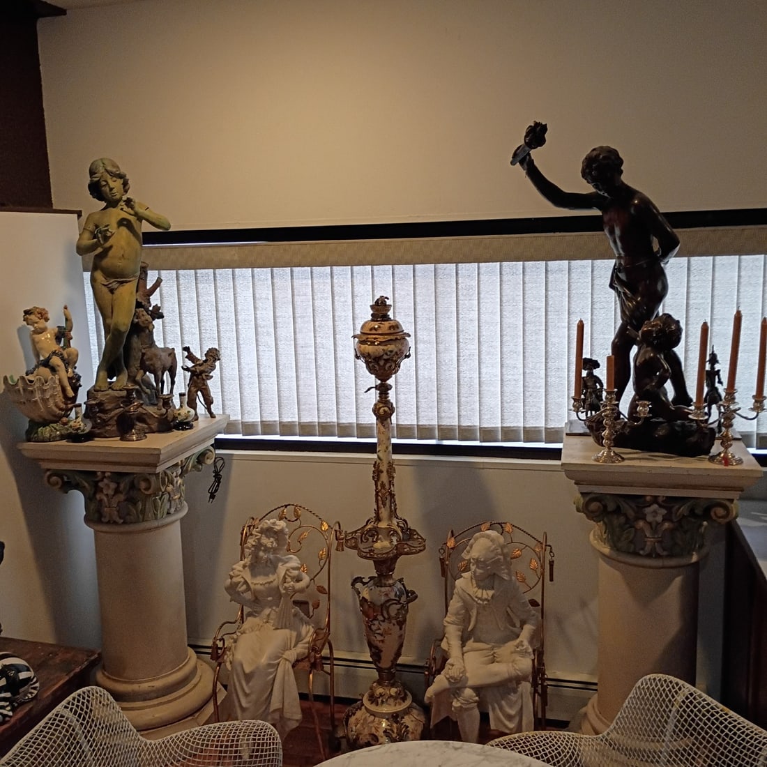 Pair of 46 in Antique Hand Carved Wood Pedestal Stands Faux Marble Tops (1 of 18)