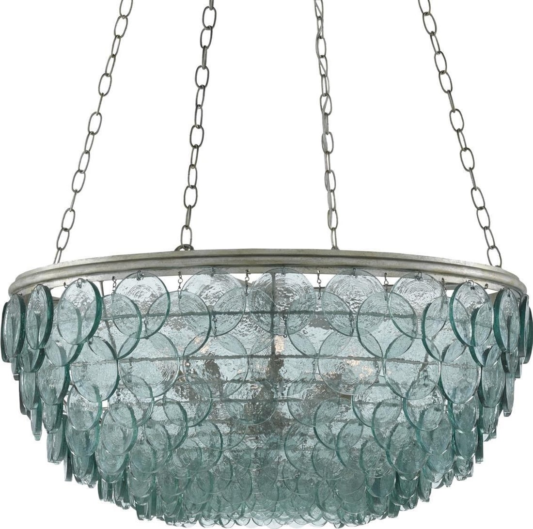 Currey Quoram Neo-Classical Chandelier Recycled Glass Silver Leaf 8 Bulbs: Currey Quoram Neo-Classical Chandelier Recycled Glass Silver Leaf 8 Bulbs Introducing the Eco-Conscious Neo-Classical Quoram Lighting, a stunning chandelier that blends elegance with sustainability. T