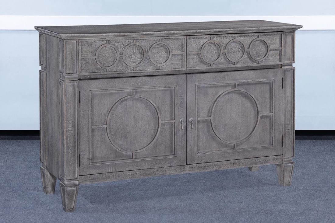 San Maria French Style Solid Wood Sideboard Weathered Gray: San Maria French Style Solid Wood Sideboard Weathered Gray Enhance your dining experience with this Elegant Transitional Solid Wood Sideboard, crafted from durable solid wood. Finished in a sophistica